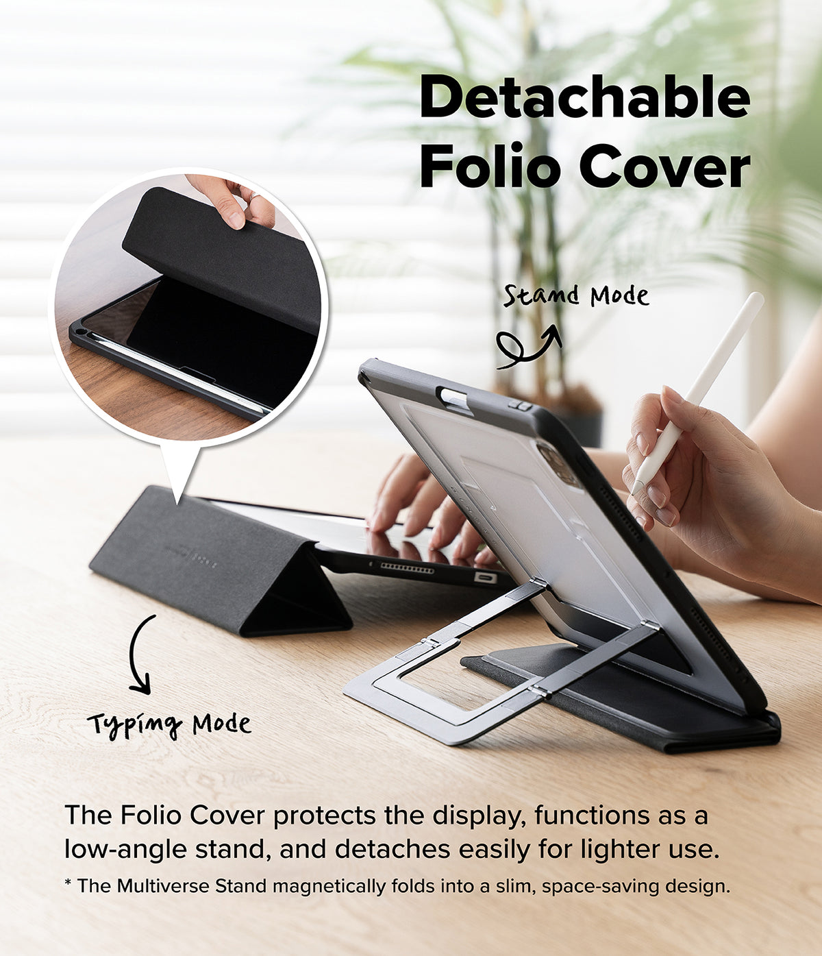 Ringke Apple iPad Pro (11") / Air (11", 10.9") Case [Multiverse Case] - A black detachable folio cover for a tablet shown in two usage modes: stand mode holding a tablet at an angle, and typing mode propped open. A hand holds a stylus, with a circular inset showing the cover folded back.