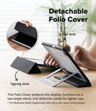 Ringke Apple iPad Pro (11") / Air (11", 10.9") Case [Multiverse Case] - A black detachable folio cover for a tablet shown in two usage modes: stand mode holding a tablet at an angle, and typing mode propped open. A hand holds a stylus, with a circular inset showing the cover folded back.