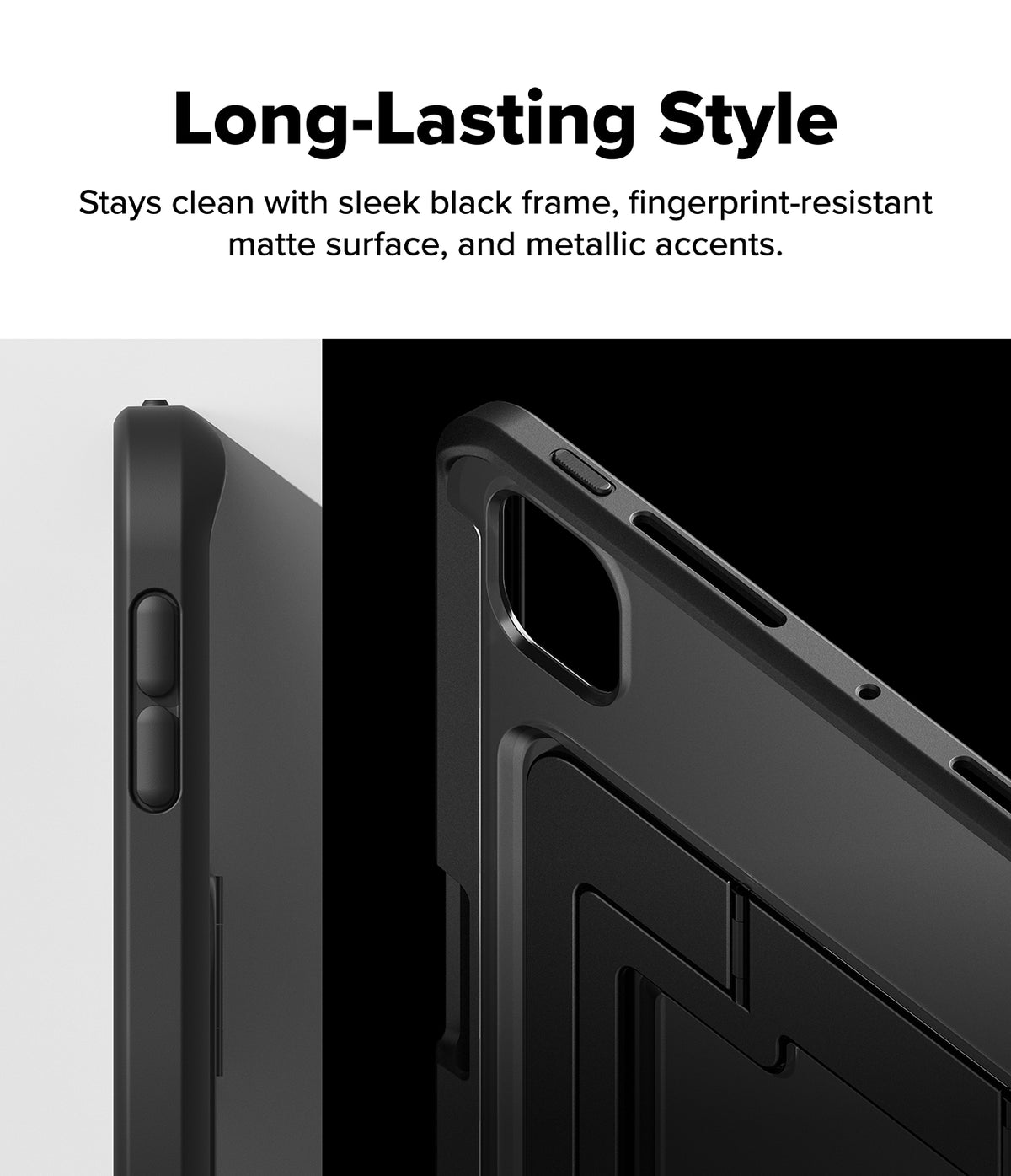 Ringke Apple iPad Pro (11") / Air (11", 10.9") Case [Multiverse Case] - A black protective tablet case shown in close-up views against a black and white background, with marketing text at the top reading 'Long-Lasting Style' and a descriptive subtitle about a sleek black frame, matte surface, and metallic accents.