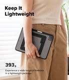 Ringke Apple iPad Pro (11") / Air (11", 10.9") Case [Multiverse Case] - A person in a beige ribbed top and tan pants holds a slim black tablet case with a built-in screen protector and stand. Large text reads 'Keep It Lightweight' and '393 g' with additional feature copy, against a bright indoor background with window blinds and a plant.