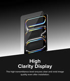Easy Slide Tempered Glass | iPad - Clear screen protector hovering over an iPad displaying a vibrant, abstract light graphic.