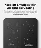 Easy Slide Tempered Glass | iPad - Comparison showing smudged screen on left versus water-beading oleophobic coating on right.