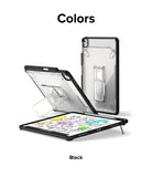 Fusion Sketch Stand | iPad - Black iPad case with clear back and integrated kickstand shown in upright and angled positions.