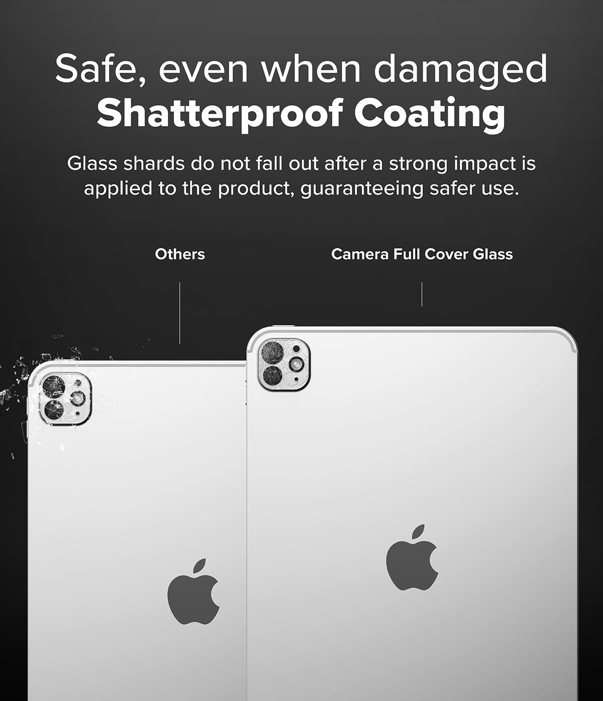 Camera Glass | iPad - Comparison showing shattered standard glass versus intact shatterproof camera cover on an iPad.