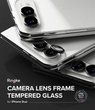iPhone Duo Camera Protector | Camera Lens Frame Glass (2 Pack) - Three silver iPhones stacked diagonally, showing the back camera lenses and the front camera lens frame lifted open to reveal a clear protective lens. The Ringke brand logo and text 'CAMERA LENS FRAME TEMPERED GLASS for iPhone Duo' are displayed on a dark background.