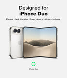 iPhone Duo Camera Protector | Camera Lens Frame Glass (2 Pack) - A clear protective case shown on a silver iPhone, with the phone displayed alongside a folded smartphone screen showing a desert landscape wallpaper. Text at the top reads 'Designed for iPhone Duo' and 'Please check the size of your device before purchase.