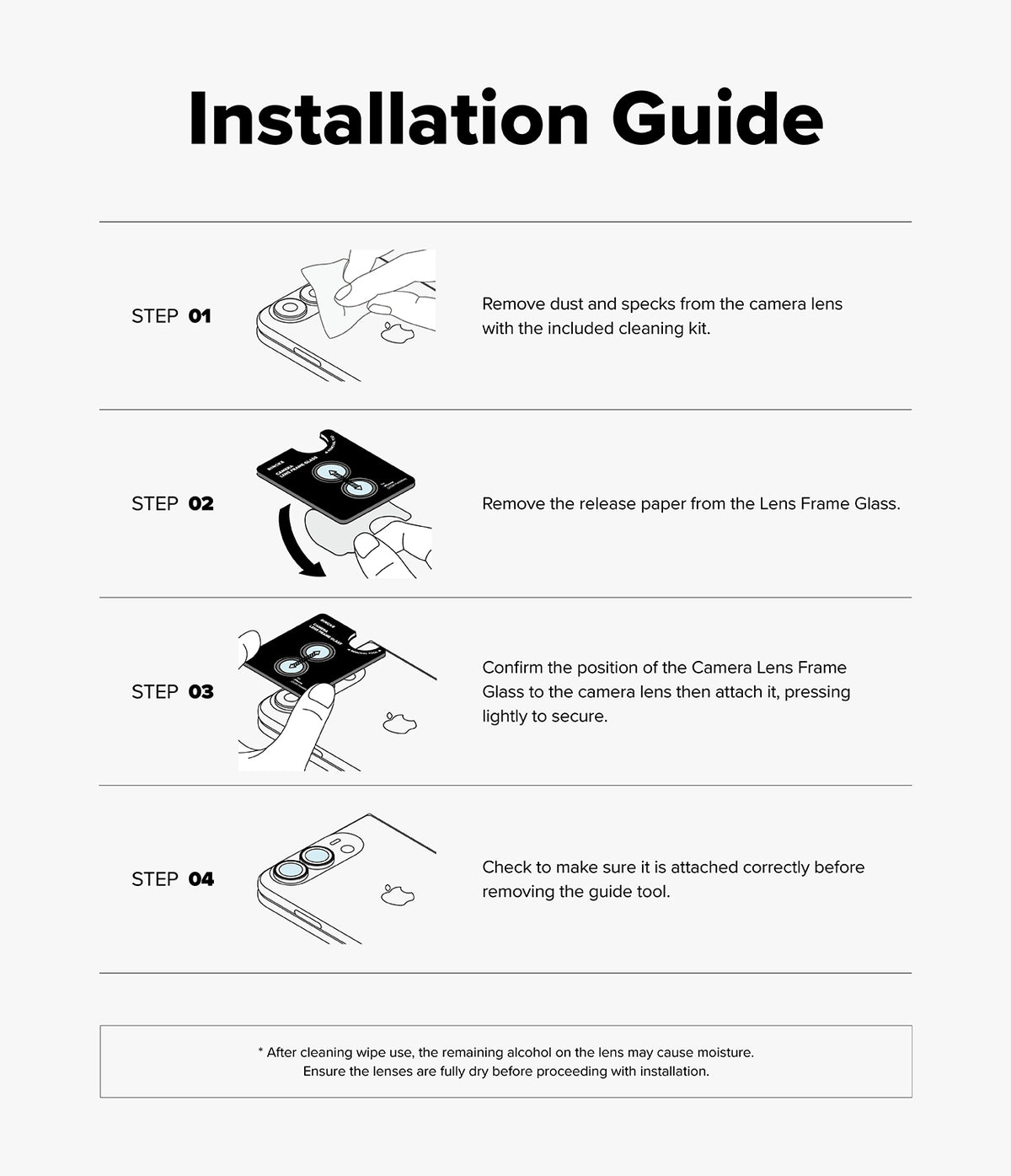 iPhone Duo Camera Protector | Camera Lens Frame Glass (2 Pack) - An installation guide infographic with four numbered steps showing how to remove dust/specs from a camera lens, remove release paper from a lens frame glass, confirm the camera lens frame glass position and attach it, and check to make sure it is attached correctly before removing the guide tool.