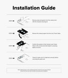 iPhone Duo Camera Protector | Camera Lens Frame Glass (2 Pack) - An installation guide infographic with four numbered steps showing how to remove dust/specs from a camera lens, remove release paper from a lens frame glass, confirm the camera lens frame glass position and attach it, and check to make sure it is attached correctly before removing the guide tool.
