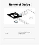 iPhone Duo Camera Protector | Camera Lens Frame Glass (2 Pack) - A removal guide diagram showing a smartphone with a camera lens protector and a circular removal tool, plus text instructions for how to remove the protector.