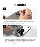 iPhone Duo Camera Protector | Camera Lens Frame Glass (2 Pack) - Instruction graphic with the heading 'Notice' and two numbered panels showing how to safely remove a phone case with camera lens frame glass. The top panel shows hands holding a phone case and camera area, and the bottom panel shows a close-up of the camera lenses and case being removed.