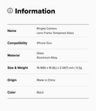 iPhone Duo Camera Protector | Camera Lens Frame Glass (2 Pack) - A product information card for the Ringke Camera lens frame, specifying compatibility with iPhone Duo, material as tempered glass and aluminium alloy, dimensions, origin, and color as black.