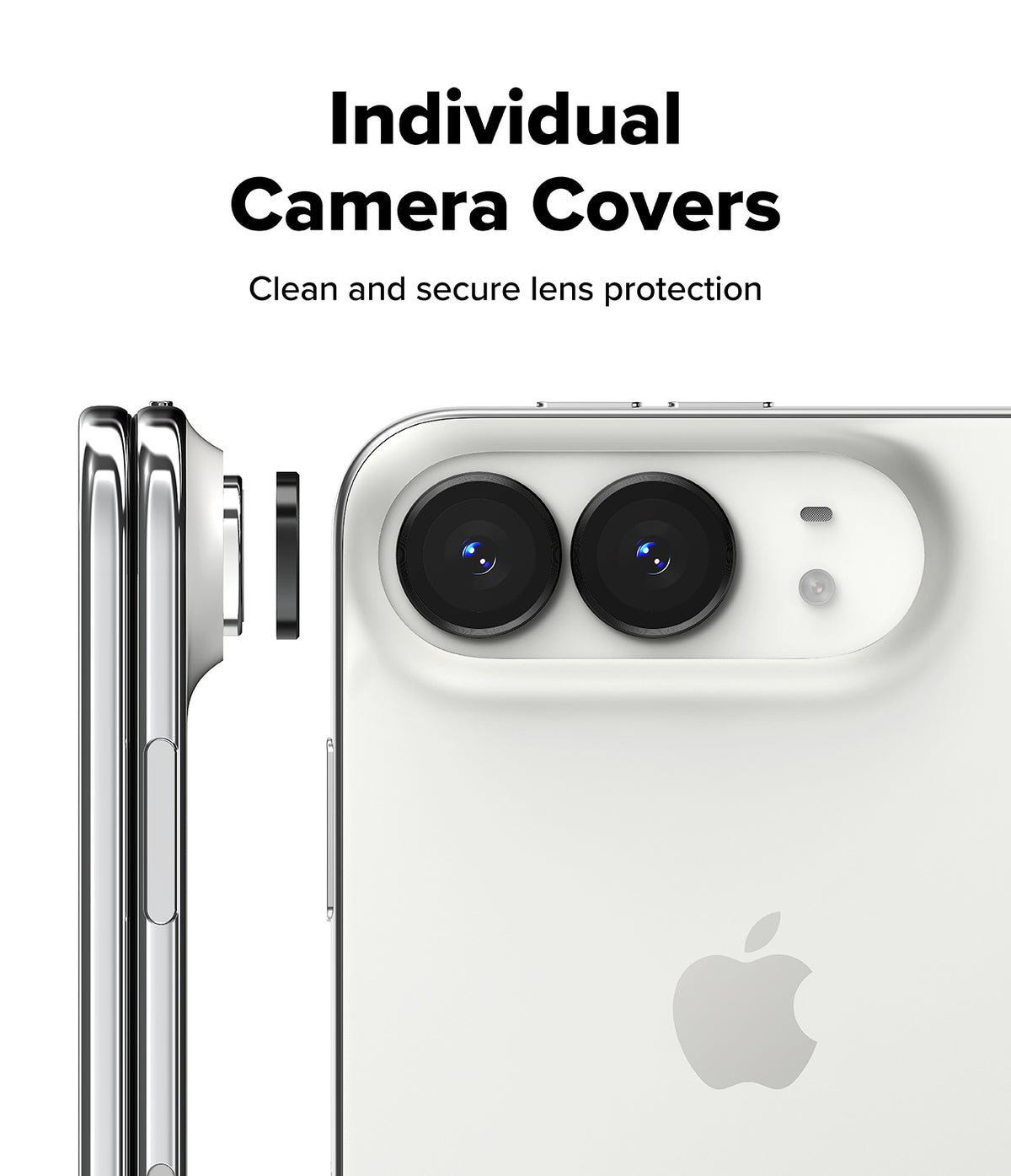 iPhone Duo Camera Protector | Camera Lens Frame Glass (2 Pack) - A white smartphone shown from the back with two black camera lenses and a side view of a matching camera cover accessory. Text at the top reads 'Individual Camera Covers' and 'Clean and secure lens protection.