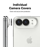 iPhone Duo Camera Protector | Camera Lens Frame Glass (2 Pack) - A white smartphone shown from the back with two black camera lenses and a side view of a matching camera cover accessory. Text at the top reads 'Individual Camera Covers' and 'Clean and secure lens protection.