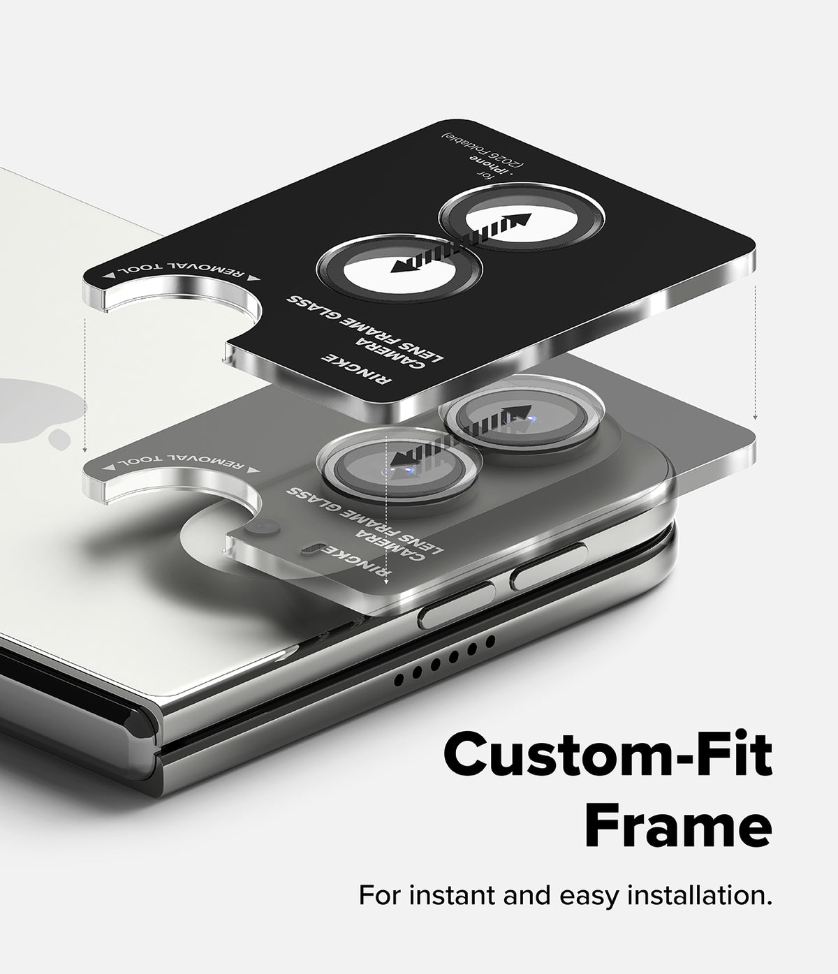 iPhone Duo Camera Protector | Camera Lens Frame Glass (2 Pack) - Custom-fit phone camera lens protector frame shown in a floating exploded view over a smartphone, with text reading 'Custom-Fit Frame' and 'For instant and easy installation.'.