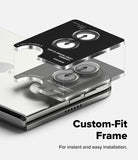 iPhone Duo Camera Protector | Camera Lens Frame Glass (2 Pack) - Custom-fit phone camera lens protector frame shown in a floating exploded view over a smartphone, with text reading 'Custom-Fit Frame' and 'For instant and easy installation.'.
