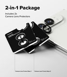 iPhone Duo Camera Protector | Camera Lens Frame Glass (2 Pack) - Two black camera lens frame protectors with silver edges are shown on a light gray background, alongside a white smartphone. Text at the top reads '2-in-1 Package' and 'Includes 2x Camera Lens Protectors,' with labels at the bottom identifying the two glass pieces.