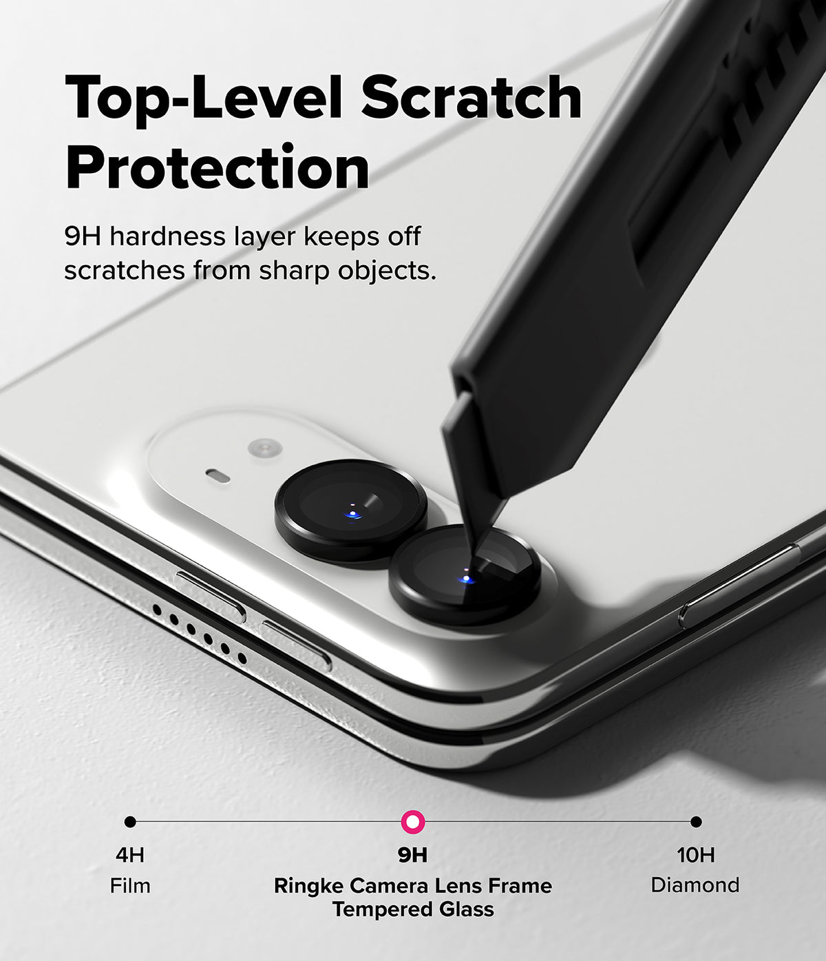 iPhone Duo Camera Protector | Camera Lens Frame Glass (2 Pack) - Close-up of a smartphone showing the rear camera area with text reading 'Top-Level Scratch Protection' and '9H hardness layer keeps off scratches from sharp objects.' A stylus is touching the camera lens area to demonstrate protection.