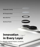 iPhone Duo Camera Protector | Camera Lens Frame Glass (2 Pack) - Close-up of a smartphone camera area with layered protective elements shown in an exploded layout: oleophobic coating, 9H tempered glass, black silk print, and aluminum frame. Large text reads 'Innovation in Every Layer' and 'Shields against impact, scratches, and impurities.