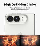 iPhone Duo Camera Protector | Camera Lens Frame Glass (2 Pack) - A close-up of a white smartphone showing its rear camera system and part of the Apple logo, with marketing text reading 'High-Definition Clarity' and two comparison thumbnails at the bottom labeled Ringke and Others.
