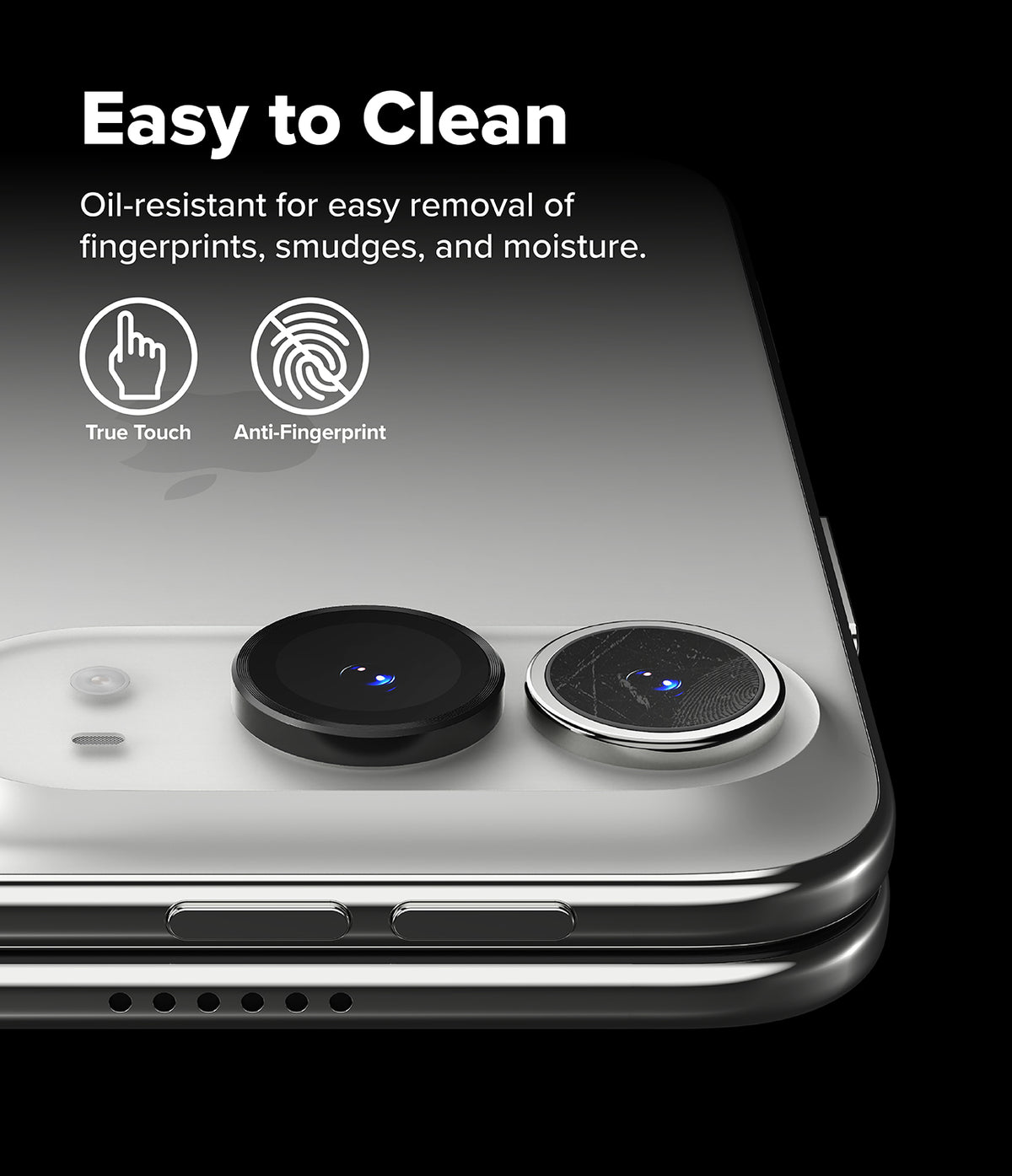 iPhone Duo Camera Protector | Camera Lens Frame Glass (2 Pack) - Close-up of a smartphone showing two circular camera lens protectors applied to the rear camera module, with marketing text reading 'Easy to Clean' and icons for True Touch and Anti-Fingerprint on a black background.