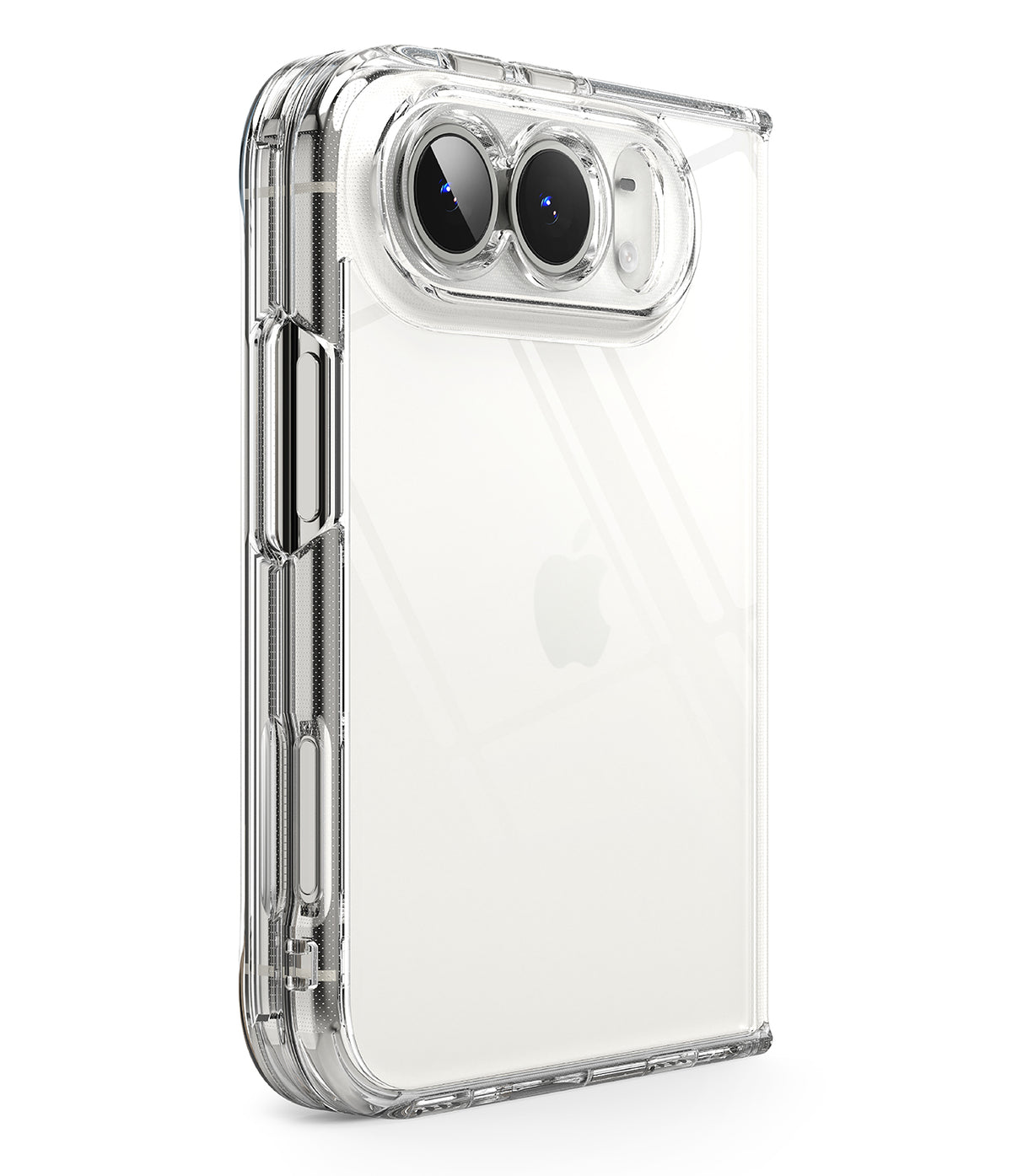 iPhone Duo | Fusion - A clear, transparent protective phone case with reinforced shockproof corners and a raised camera bumper, shown on a white iPhone against a clean white background.