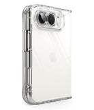 iPhone Duo | Fusion - A clear, transparent protective phone case with reinforced shockproof corners and a raised camera bumper, shown on a white iPhone against a clean white background.
