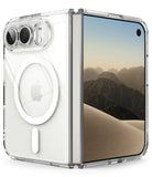 iPhone Duo | Fusion Magnetic - A clear protective case for a folding smartphone, shown with the phone partially unfolded to display both the back and front. The case is transparent with a white MagSafe ring on the back, shown against a clean white background.