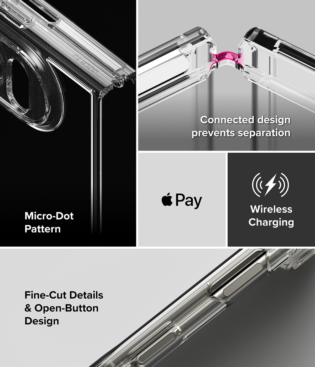 iPhone Duo | Fusion - Clear protective phone case shown in a multi-panel feature graphic highlighting a Micro-Dot pattern, connected design that prevents separation, wireless charging compatibility, and fine-cut details.