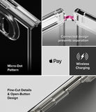 iPhone Duo | Fusion - Clear protective phone case shown in a multi-panel feature graphic highlighting a Micro-Dot pattern, connected design that prevents separation, wireless charging compatibility, and fine-cut details.
