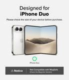 iPhone Duo | Fusion - A clear protective case shown on a silver foldable smartphone, with text stating 'Designed for iPhone Duo' and a note that the product is not compatible with MagSafe. The image shows both the back and front views of the phone case on a light gray background.