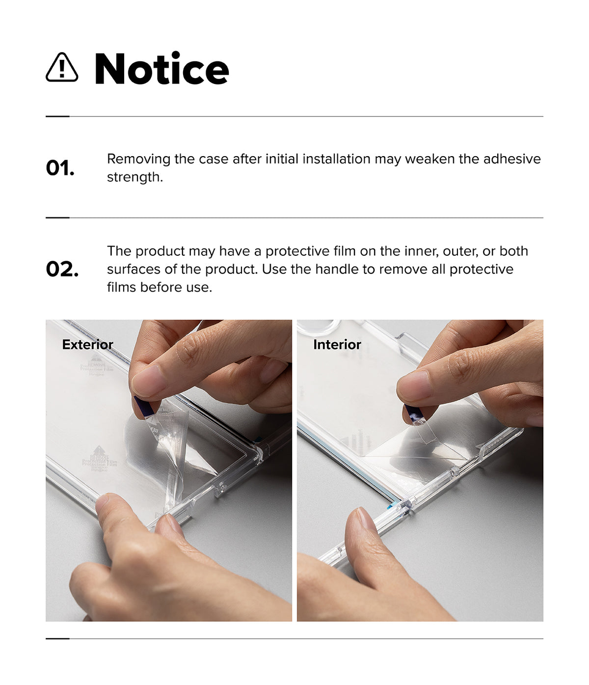 iPhone Duo | Fusion - Instruction notice sheet showing two panels with hands applying a transparent protective film to a clear case, labeled Exterior and Interior, with text warning that removing the case after installation may weaken adhesive strength and that protective films should be removed before use.