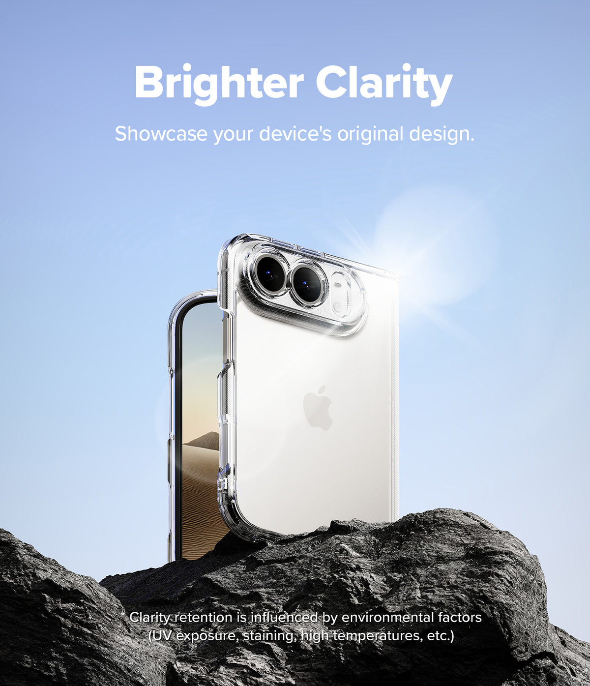 iPhone Duo | Fusion - A clear protective phone case shown on a smartphone, standing on dark rocks against a blue sky background. White text at the top reads 'Brighter Clarity' and small text at the bottom explains clarity retention factors.