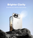 iPhone Duo | Fusion - A clear protective phone case shown on a smartphone, standing on dark rocks against a blue sky background. White text at the top reads 'Brighter Clarity' and small text at the bottom explains clarity retention factors.