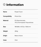 iPhone Duo | Fusion - A digital specification sheet for the Ringke Fusion iPhone Duo case, detailing the name, compatibility, material, size, weight, and origin. The case is described as clear with PC and TPU materials.