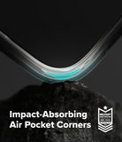 iPhone Duo | Fusion - Close-up of a transparent protective phone case corner bending over a dark textured surface, with the text 'Impact-Absorbing Air Pocket Corners' and a military-standard badge on a dark background.
