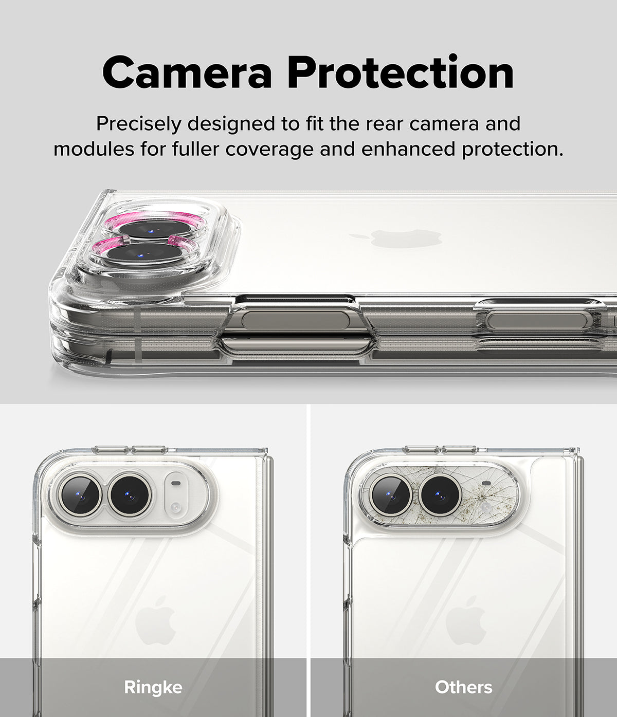 iPhone Duo | Fusion + Hinge (2P) all-groups - A clear phone camera protection case shown fitted on a smartphone, with marketing text at the top reading 'Camera Protection' and two smaller comparison views below labeled 'Ringke' and 'Others'.