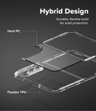 iPhone Duo | Fusion - Clear hybrid phone case with labeled layers reading 'Hard PC' and 'Flexible TPU' on a dark gray background, with the headline 'Hybrid Design' and supporting text at the top.