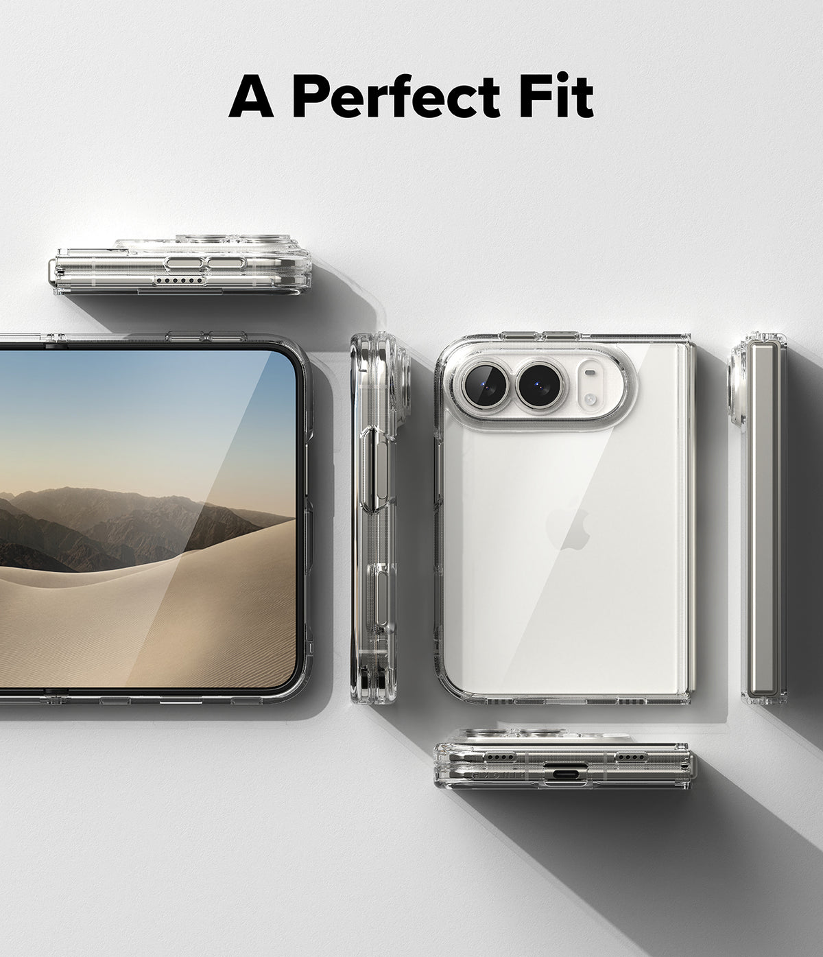 iPhone Duo | Fusion - A clear protective phone case shown from multiple angles on a light gray background, with the text 'A Perfect Fit' at the top. The phone inside is visible through the transparent case.