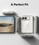 iPhone Duo | Fusion - A clear protective phone case shown from multiple angles on a light gray background, with the text 'A Perfect Fit' at the top. The phone inside is visible through the transparent case.