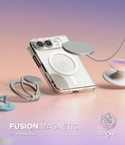 iPhone Duo | Fusion Magnetic - A clear magnetic phone case with rose gold-toned metal rings and a circular MagSafe-compatible ring, shown on a phone against a soft pink-to-purple gradient background. The text 'FUSION MAGNETIC for iPhone Duo' and the Ringke logo are visible.