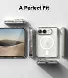 iPhone Duo | Fusion Magnetic - A clear protective phone case shown from multiple angles on a light gray background, with the text 'A Perfect Fit' at the top. The phone inside is visible through the transparent case.