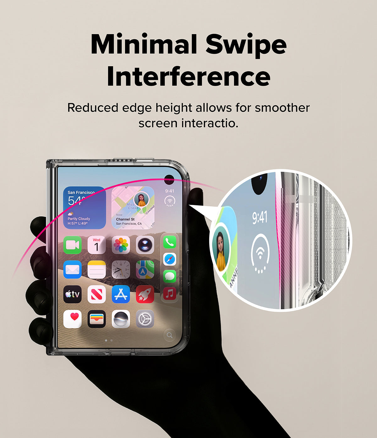 iPhone Duo | Fusion Magnetic - A hand holds a smartphone case with a transparent screen protector, shown against a light beige background with marketing text reading 'Minimal Swipe Interference' and a circular inset highlighting the reduced edge height.