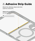 iPhone Duo | Fusion Magnetic - An instructional graphic titled 'Adhesive Strip Guide' showing a phone case with an adhesive strip being applied. It includes text instructions and an inset labeled 'Optional Accessory: Non-Slip Tape (L)'.