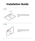 iPhone Duo | Fusion Magnetic - An installation guide diagram with two steps showing how to apply adhesive to a phone case and press it onto the device. The page has a white background with black text and line drawings of the case.