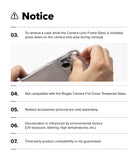 iPhone Duo | Fusion Magnetic - A white informational page with the heading 'Notice' and a numbered list of seven instructions, including a small photo of hands removing a clear phone case while the camera lens frame glass is installed.