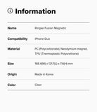 iPhone Duo | Fusion Magnetic - An information card detailing the specifications of the Ringke Fusion Magnetic accessory for iPhone Duo, including material, size, and origin, with a color label of Clear.