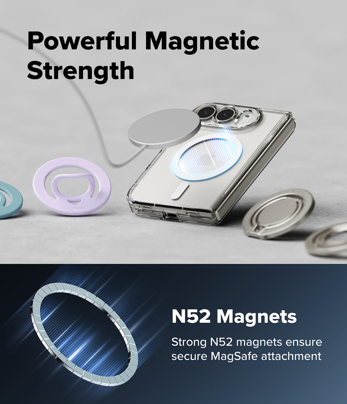 iPhone Duo | Fusion Magnetic - A clear smartphone case with metallic MagSafe-style magnetic rings and a blue magnetic charging area, shown on a light gray background with promotional text reading 'Powerful Magnetic Strength' and 'N52 Magnets Strong N52 magnets ensure secure MagSafe attachment.'.