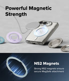 iPhone Duo | Fusion Magnetic - A clear smartphone case with metallic MagSafe-style magnetic rings and a blue magnetic charging area, shown on a light gray background with promotional text reading 'Powerful Magnetic Strength' and 'N52 Magnets Strong N52 magnets ensure secure MagSafe attachment.'.