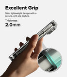 iPhone Duo | Fusion Magnetic - A hand holding a slim, transparent cylindrical accessory with metallic inner layers, shown with marketing text reading 'Excellent Grip' and 'Thickness 2.0mm,' plus a circular inset close-up highlighting the grip texture.