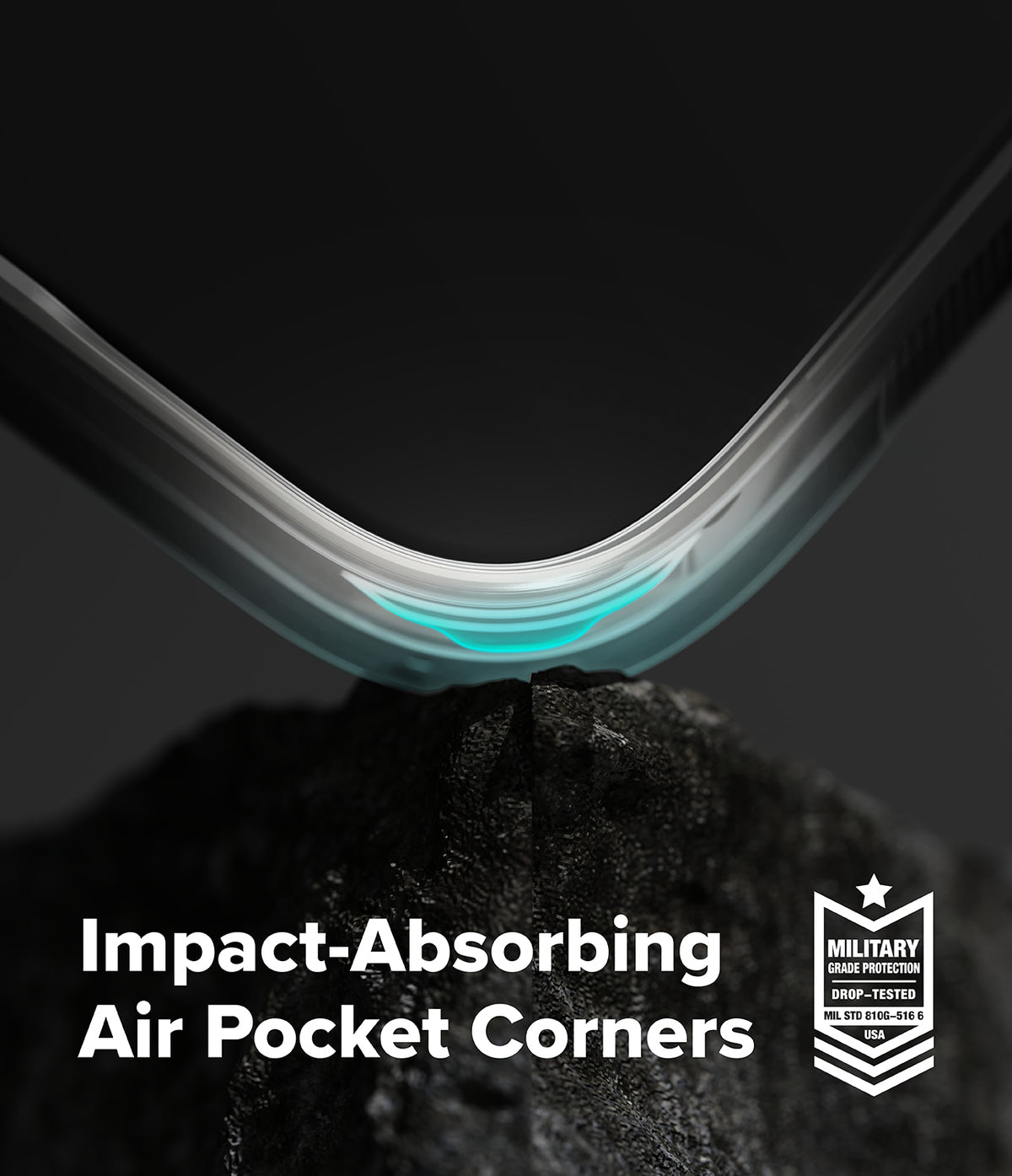 iPhone Duo | Fusion Magnetic + Hinge (2P) all-groups - Close-up of a transparent protective phone case corner bending over a dark textured surface, with the text 'Impact-Absorbing Air Pocket Corners' and a military-standard badge on a dark background.